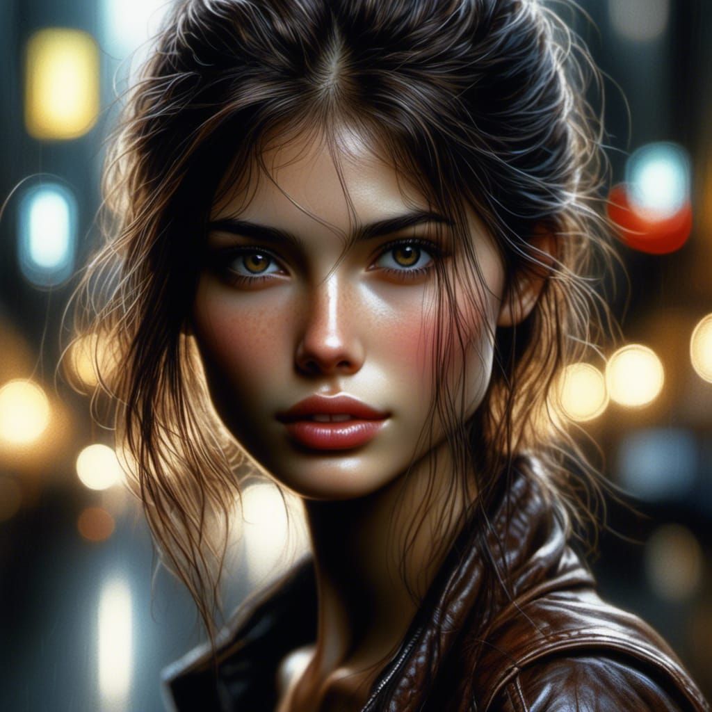 Detailed Portrait of Woman in City Street, Realism