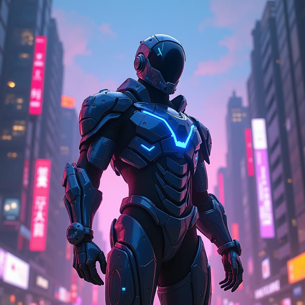 Heroic Figure in Neon Cityscape, in Cyberpunk Style
