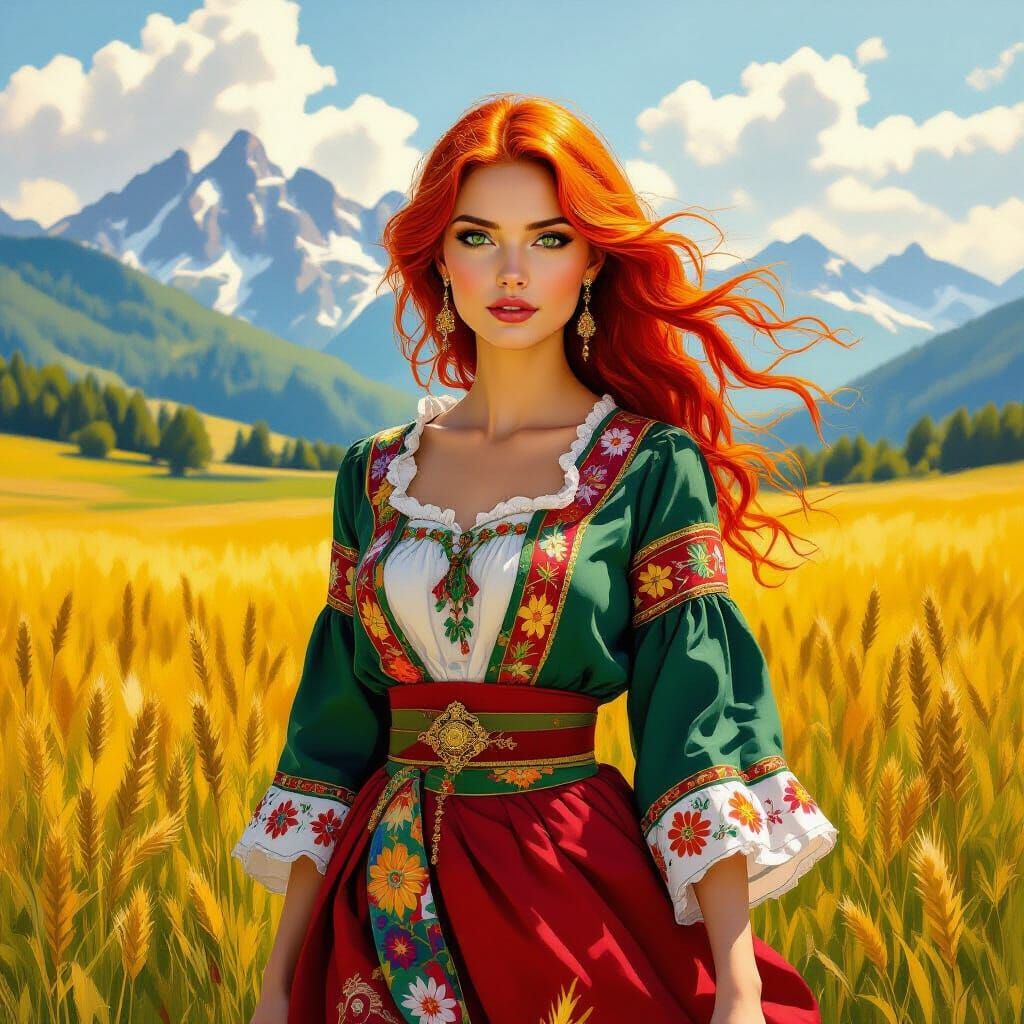 Woman in Ukrainian Attire in Carpathian Mountains Field