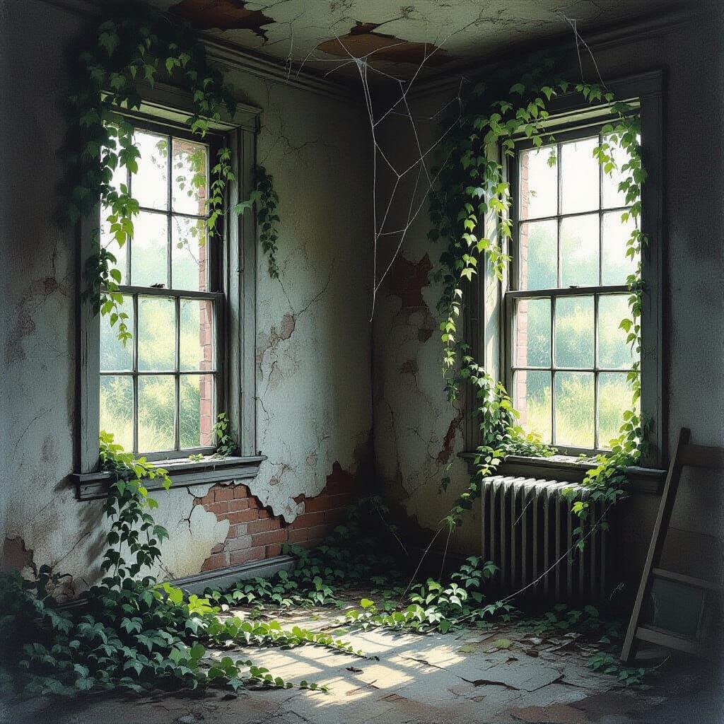 Decaying Abandoned Room with Ivy, in Watercolor Style