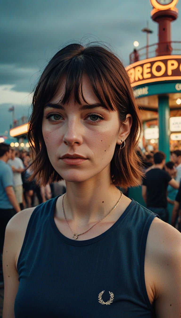 Brighton 60s Mod girl dressed in Fred Perry tank top,