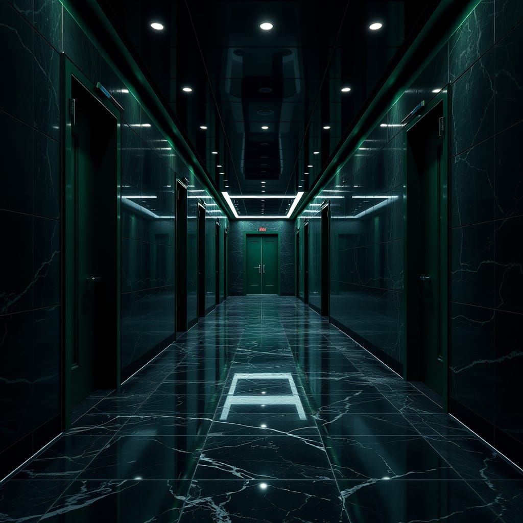 Black Tile Hallway with Green Doors, Photorealistic