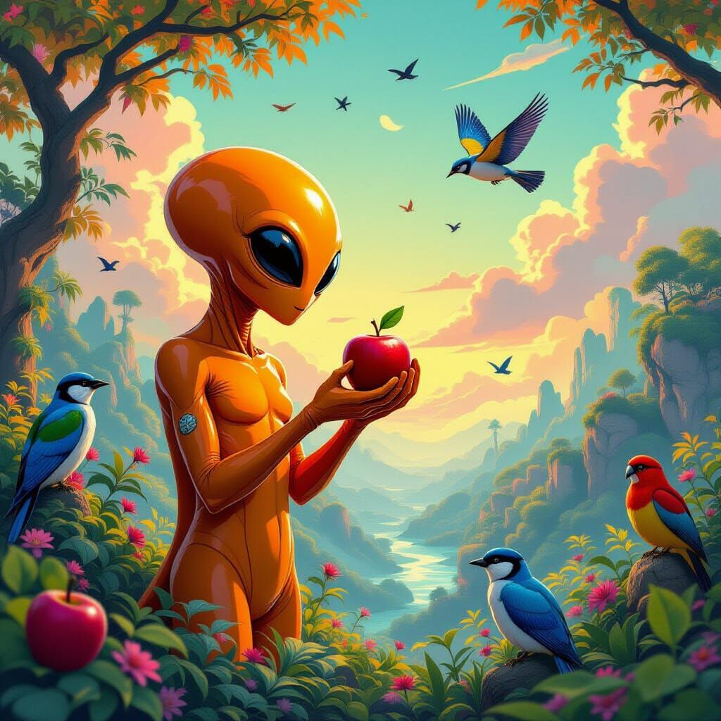 Alien Plucking Apple in Exotic Bird Paradise