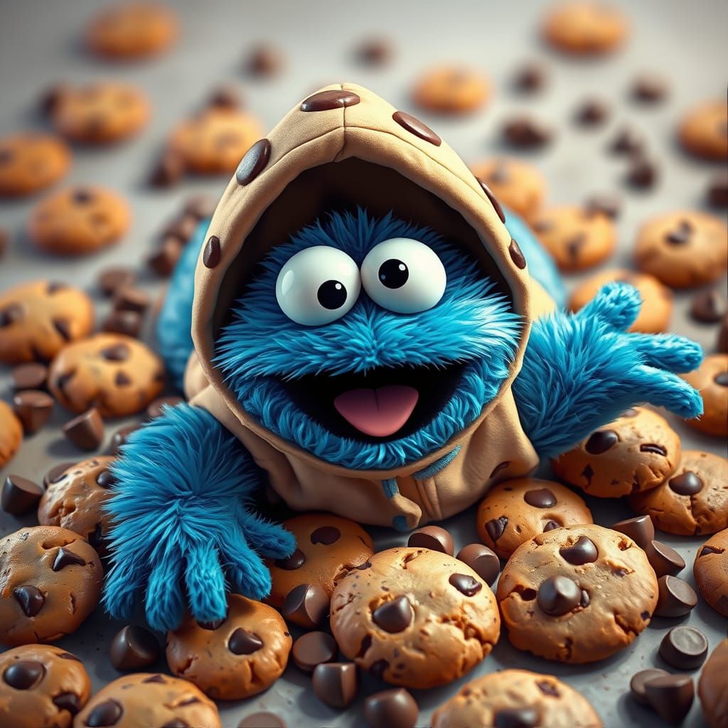 Cute Cookie Monster in Whimsical Fantasy Scene