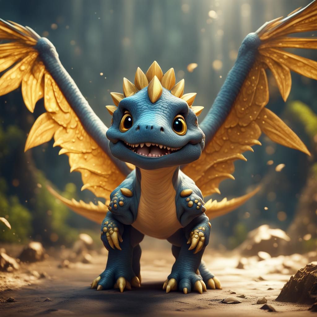 Cute Dinosaur with Golden Wings in Matte Painting Style