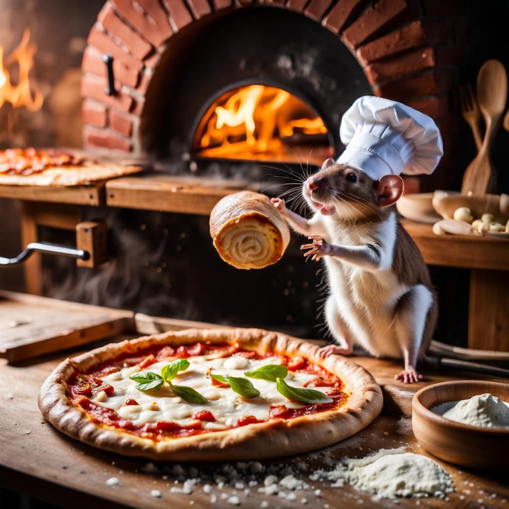 Cute Rat Chef Making Pizza in Pizzeria