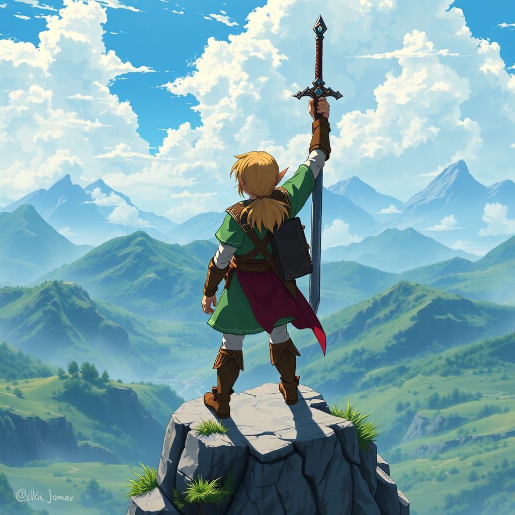 Link on Cliff with Master Sword in Anime Style