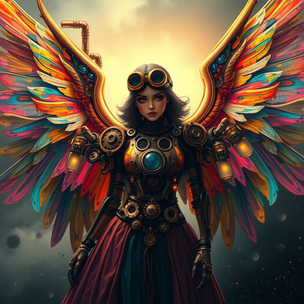Android Angel Soaring in Steampunk Dreamscape