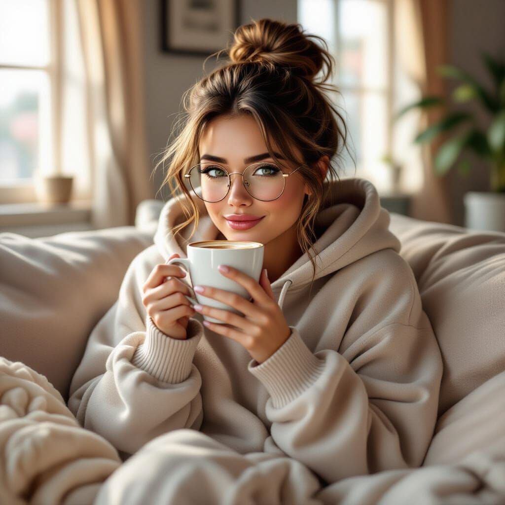 Woman in Hoodie with Latte, Hyper-Realistic Digital Art