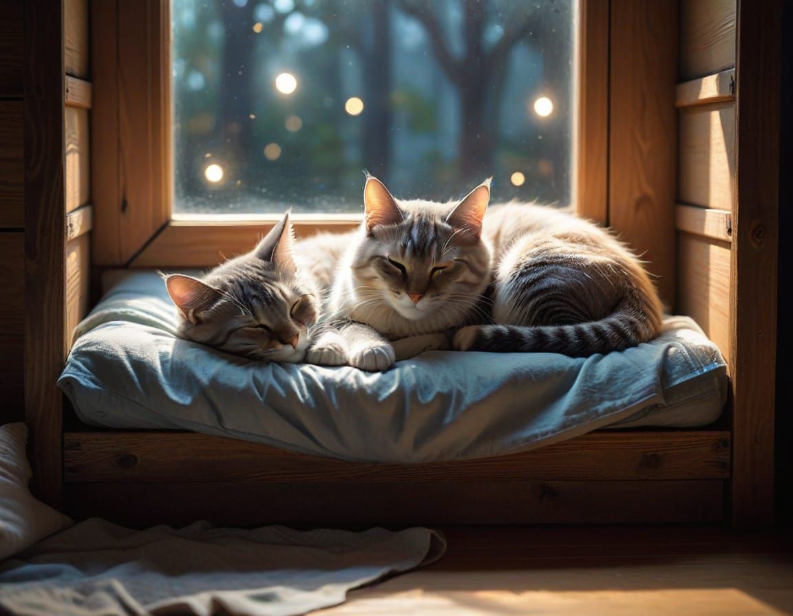 Cute Cats Sleeping in Wooden Bunk Bed