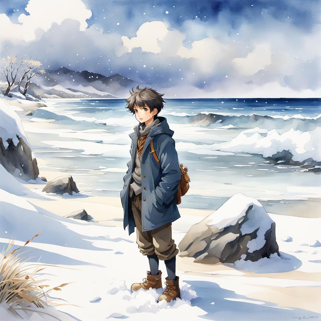 Boy on Snowy Beach: Watercolor Anime Art
