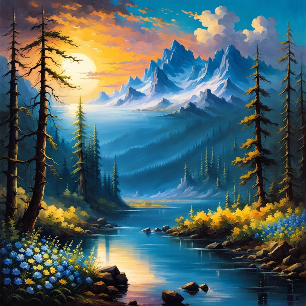 Blue Flower Forest Creek: Oil and Watercolor Illustration