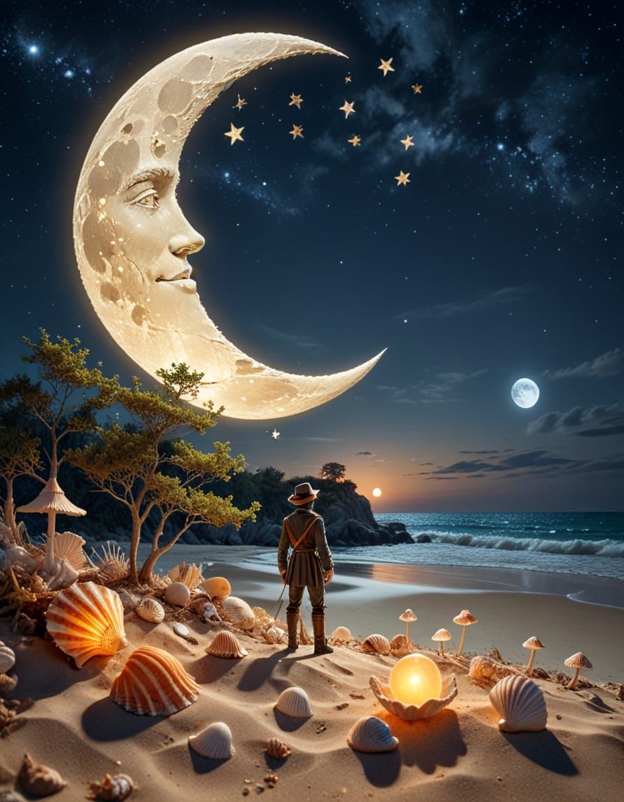 Elf Silhouette Under Full Moon on Steampunk Beach
