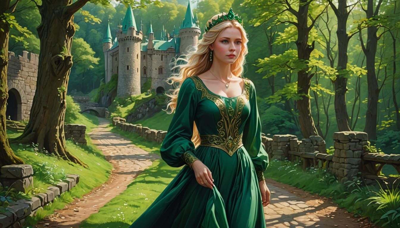 Fantasy Lady with Emerald Crown in Stylized Realism