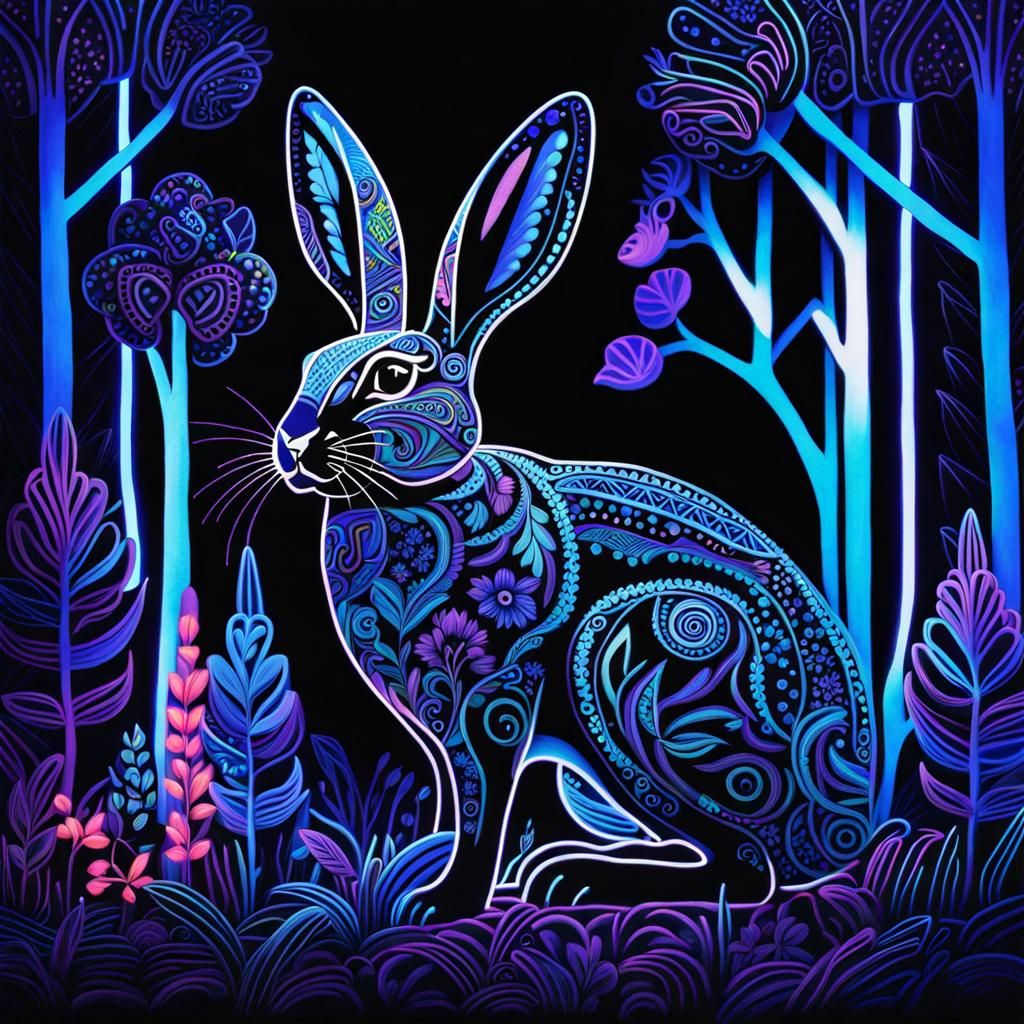 Neon Folk Art Rabbit in Black Light Forest