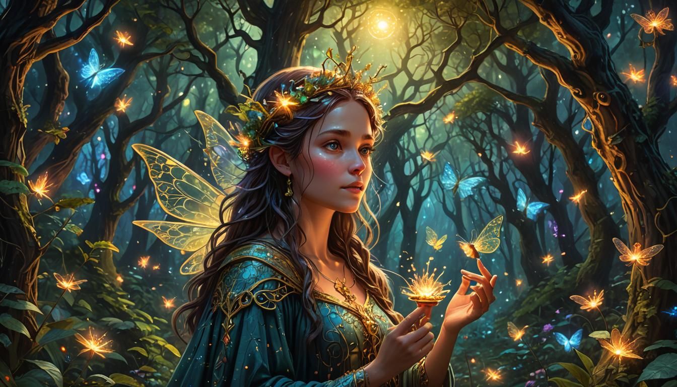 Enchanting Forest Princess Casting Spells in Magical Forest