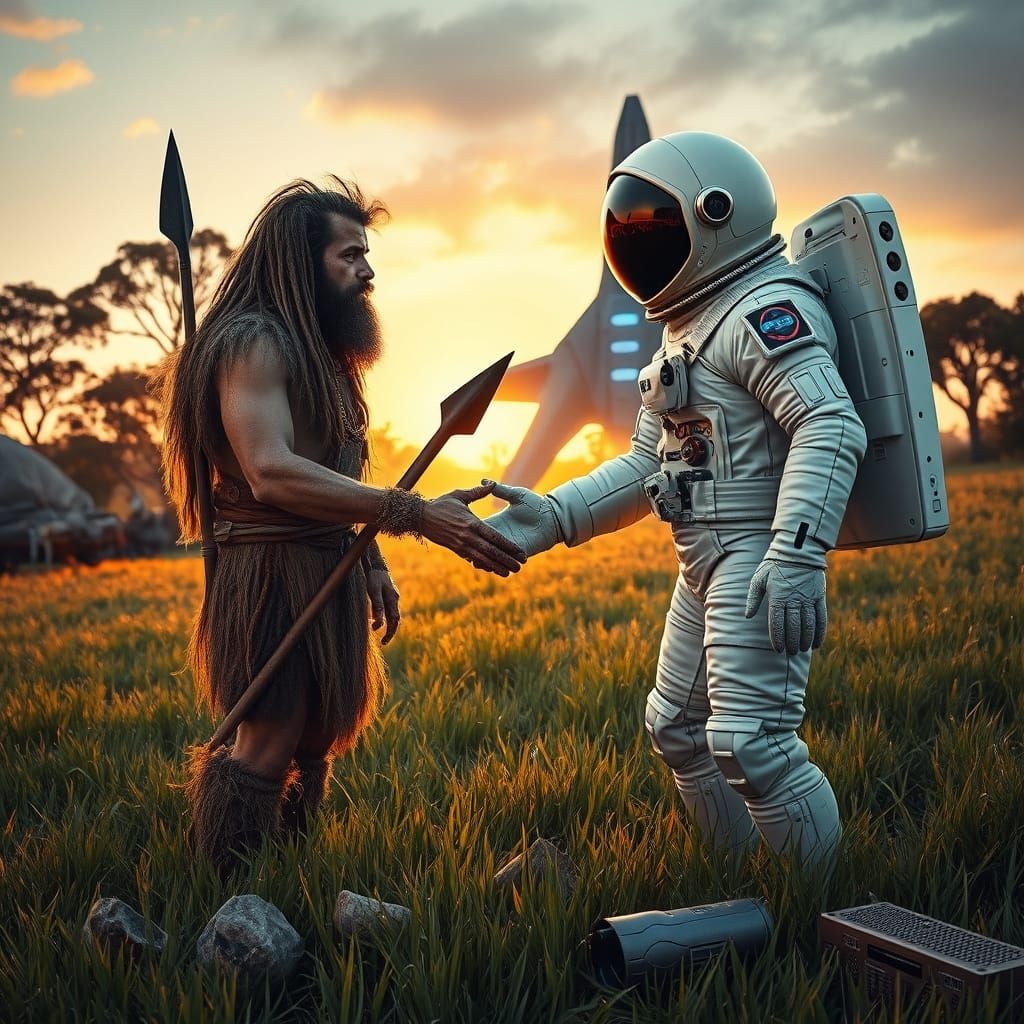 Caveman Meets Astronaut in Dawn Clearing