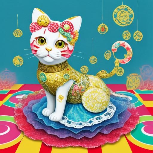 Hello Kitty as Rococo Maneki Neko in Impasto