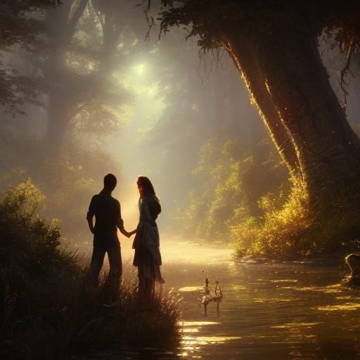 Lovers Embrace in Nature: Realistic Detailed Art