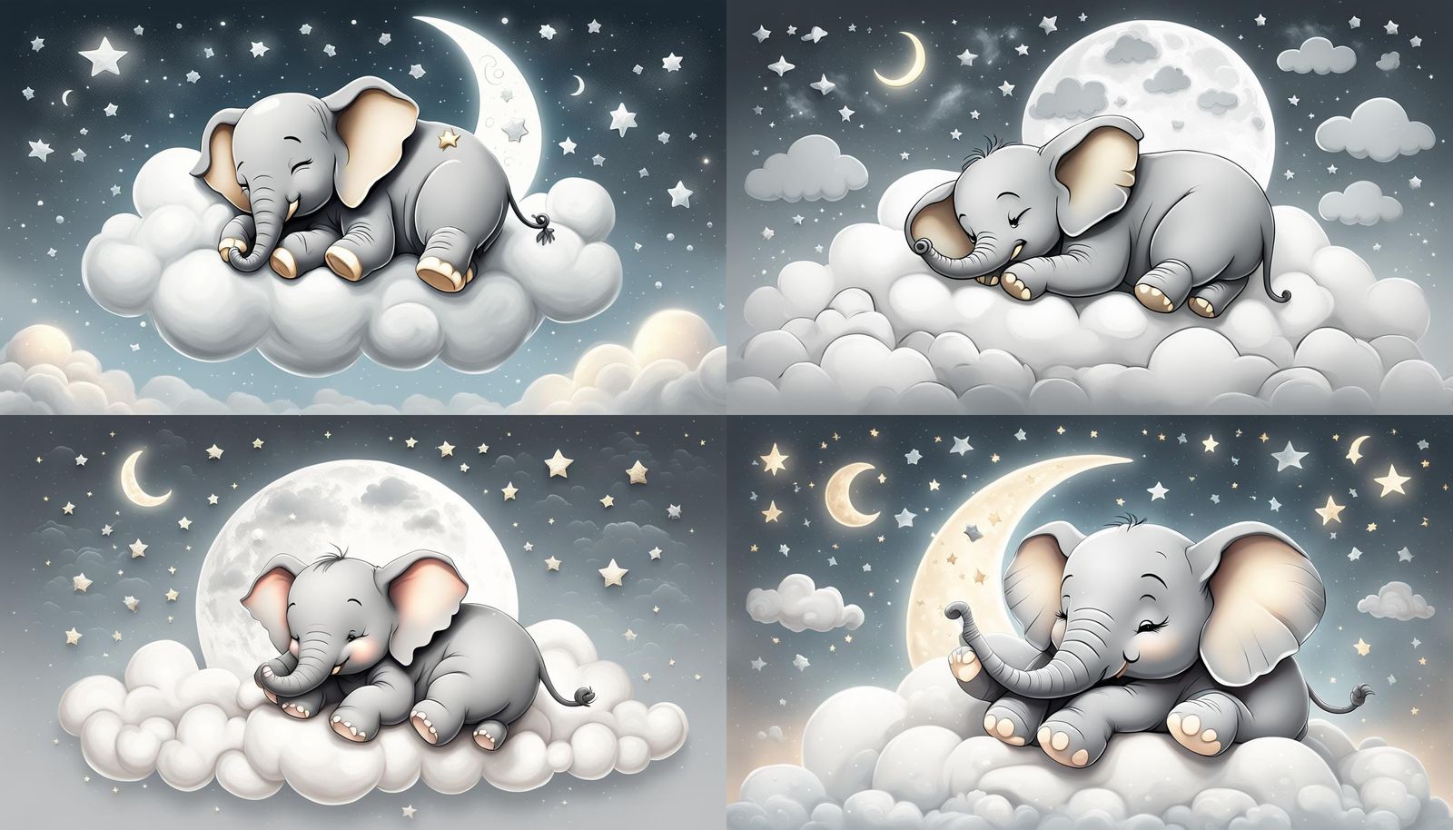 Elephant Sleeping on Clouds in Cartoon Style