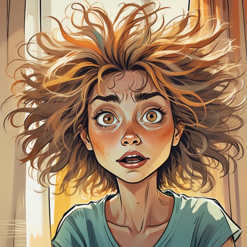 Humorous Caricature of Messy Hair in Morning Sunlight