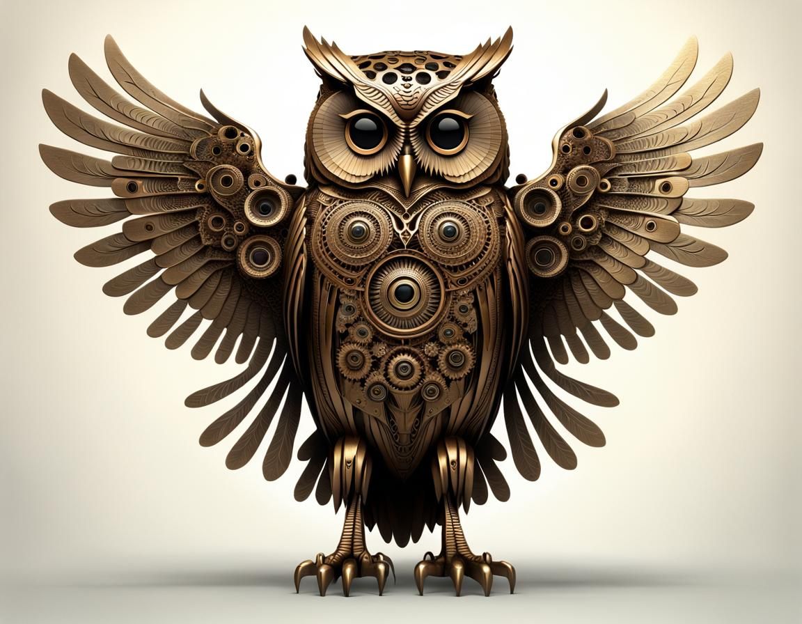 Bronze Retrofuturistic Owl with Fractal Details