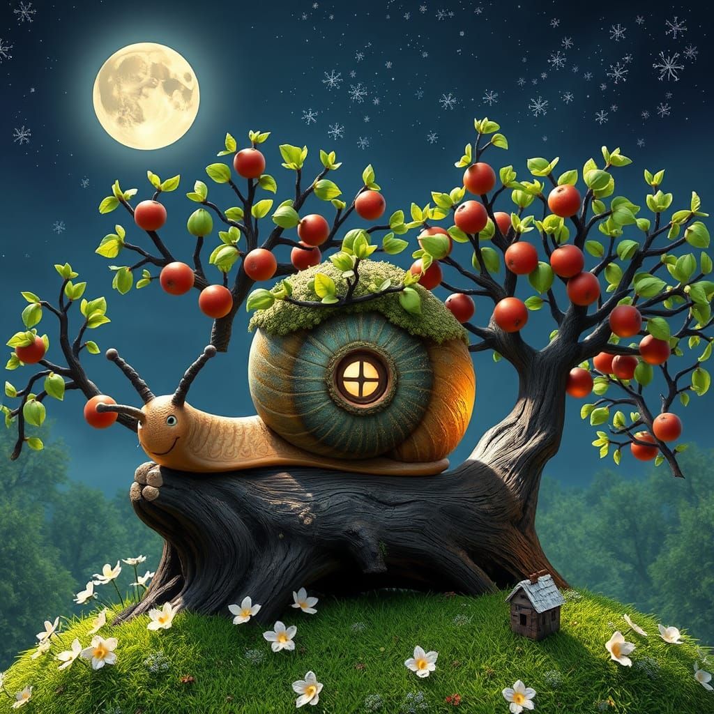 Un caracol al estilo Pixar sobre un tronco, rodeado de árboles primaverales con manzanas rojas y hojas verdes, bajo una ...