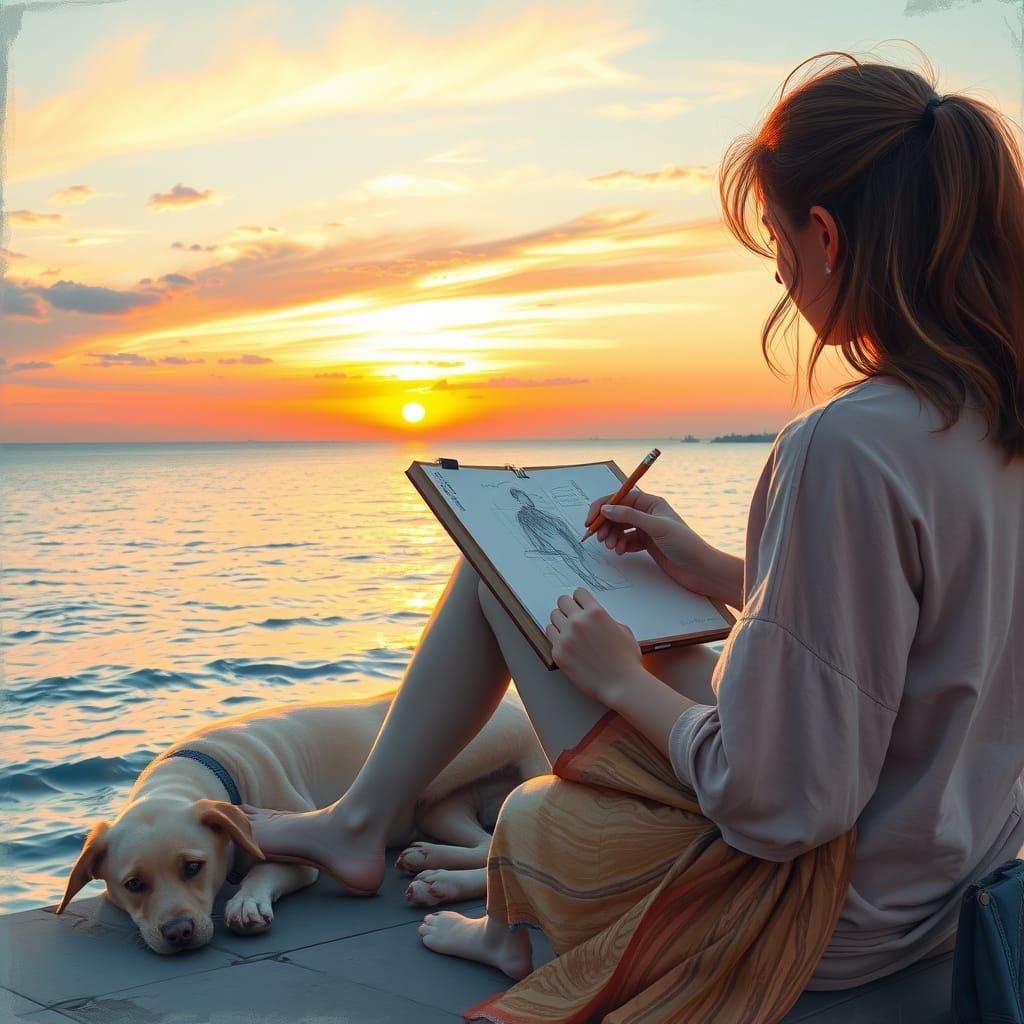 Artist Sketching Sunset with Dog
