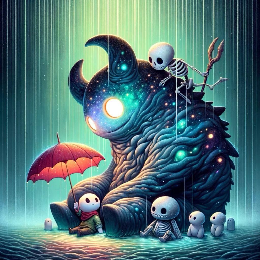 Whimsical Companionship in Rainy Illustration