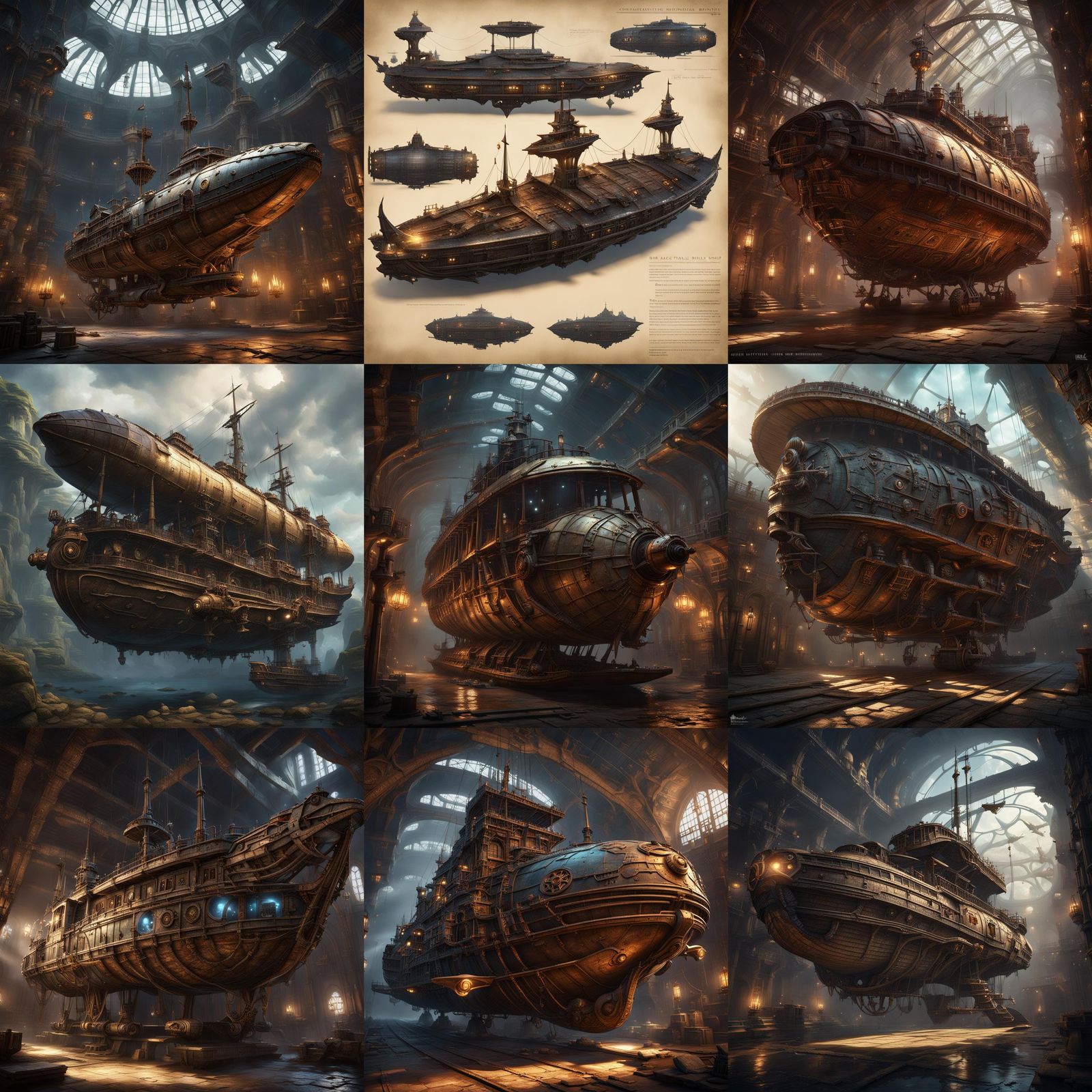 Onyx Javelin: Steampunk Airship in Underground Hangar