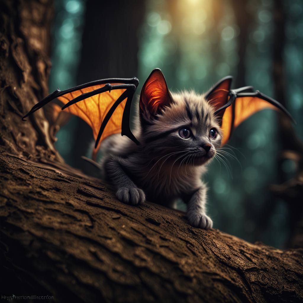 Colorful Bat Kitten in a Dark Forest