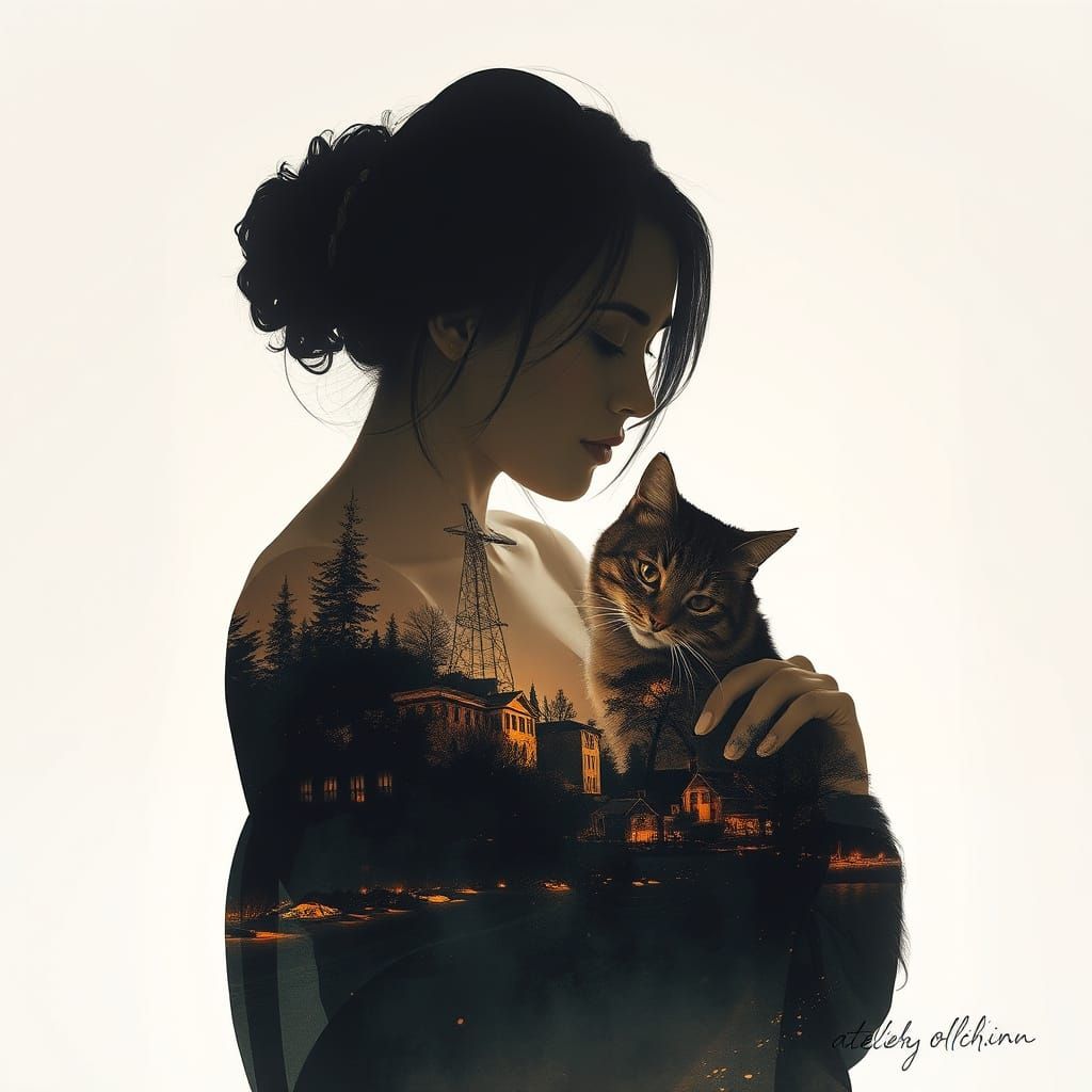 Double Exposure Silhouette of Intimate Feline Moment