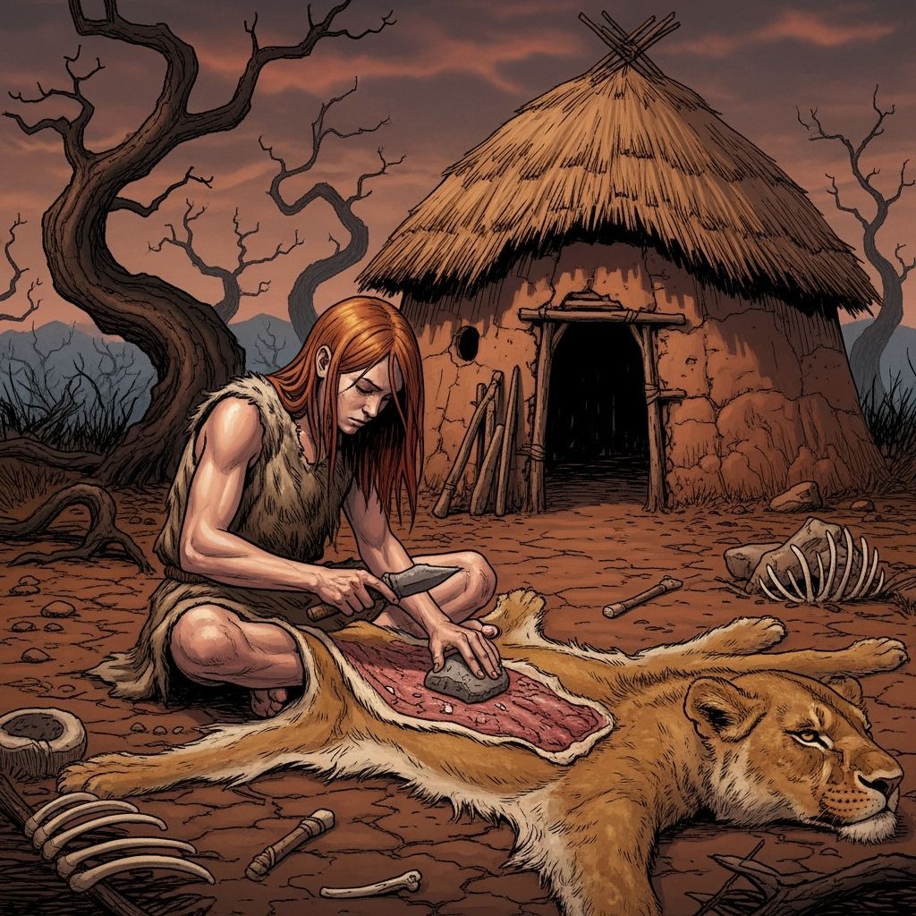Paleolithic Teenager Scrapes Lion Hide