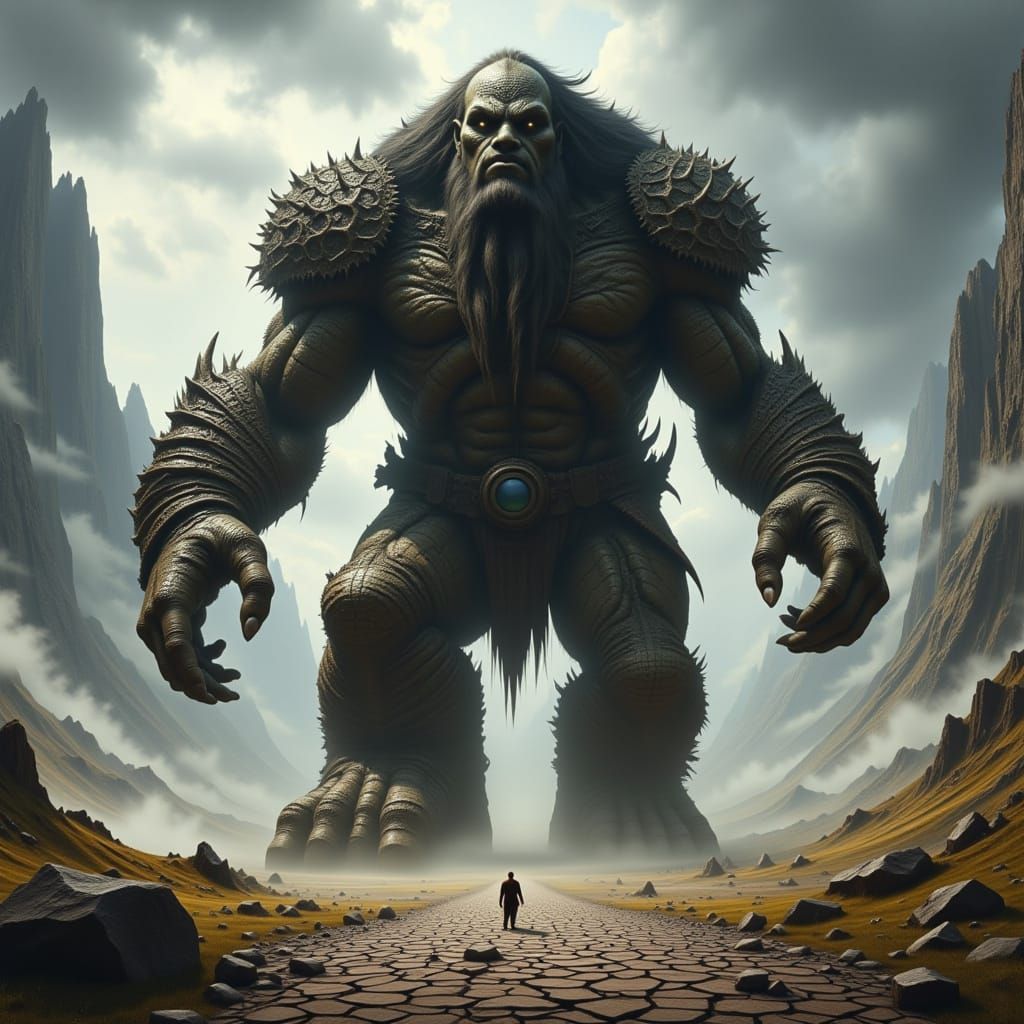 Colossal Fantasy Giant in Stormy Landscape