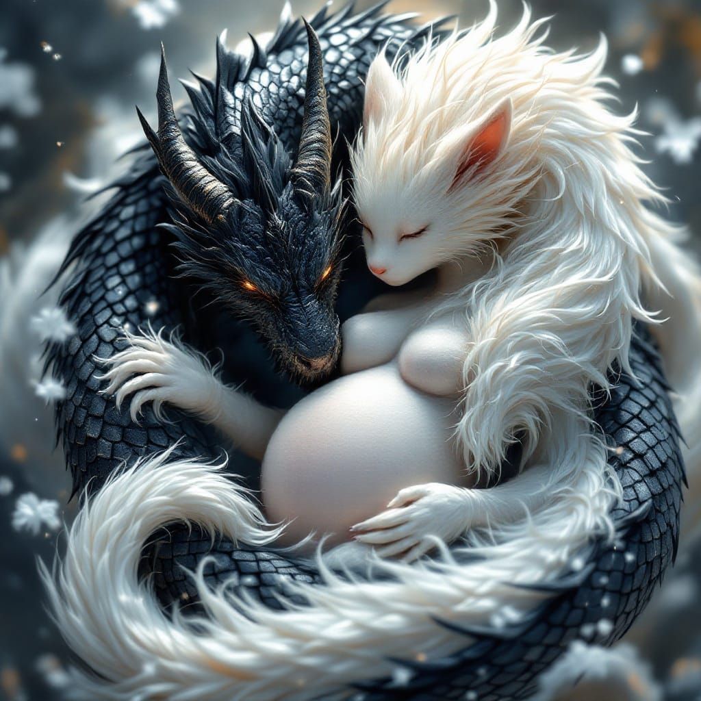 Regal Black Dragon Safeguards White Kitsune and Fetal Dragon...