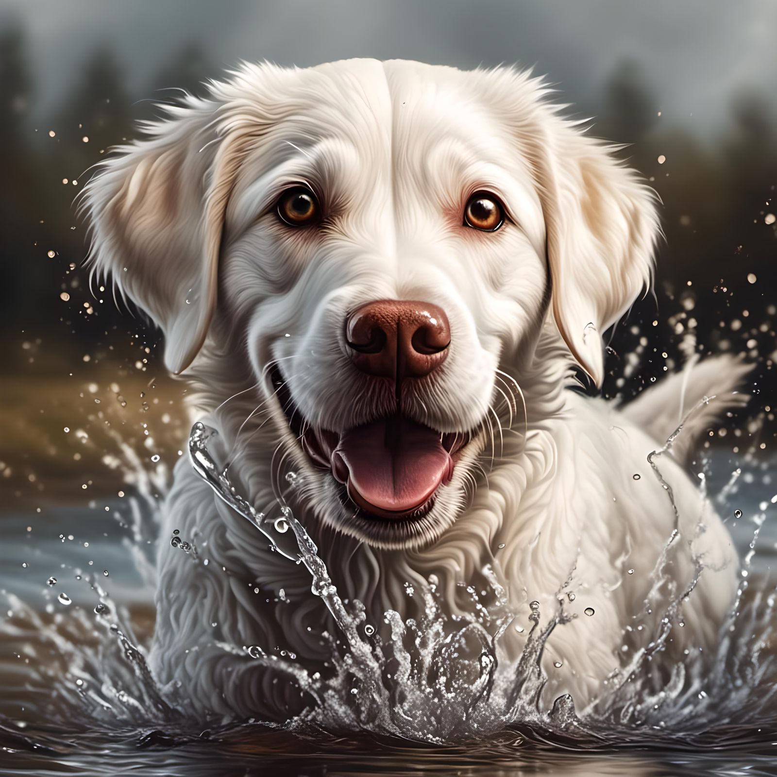 Adorable Labrador Retriever Splashing in Puddle Portrait