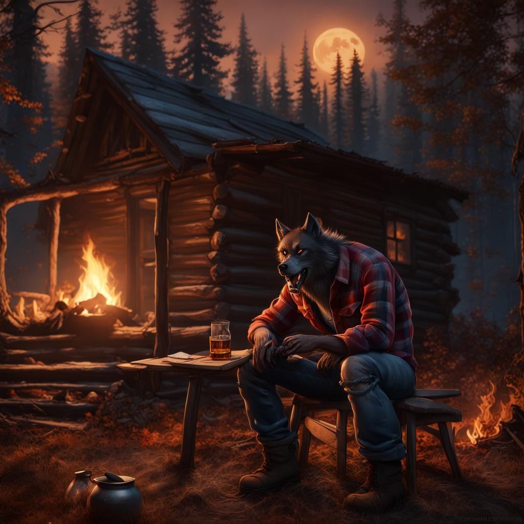 Sad Werewolf in Autumn Northwoods by Campfire