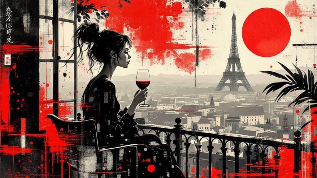 Parisian Woman Drinks Wine on Balcony in Unique Art Style