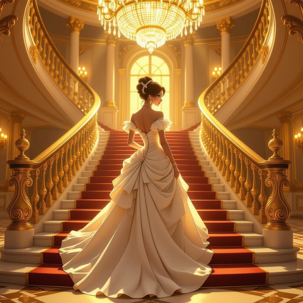 Elegant Woman in Golden Ballroom, Vibrant Anime Style