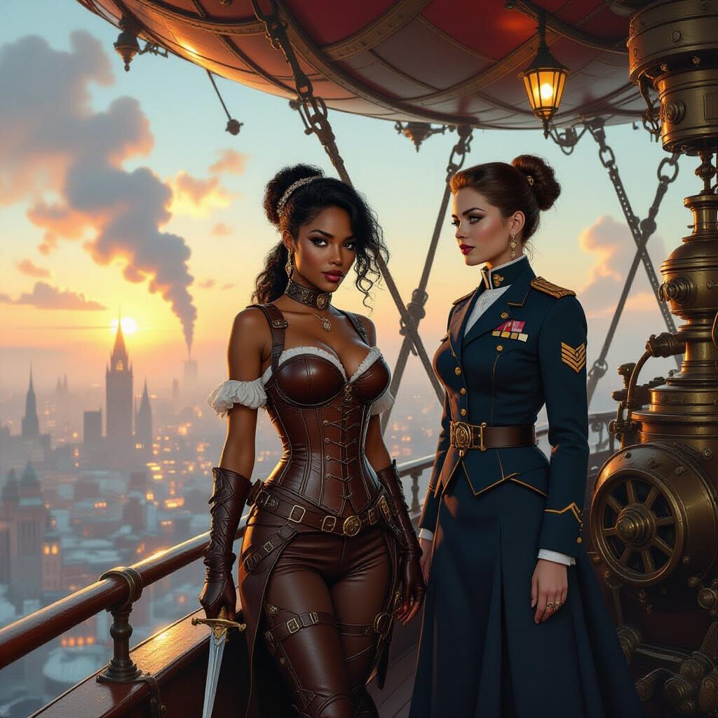 Steampunk Airship Crew in Victorian Cityscape