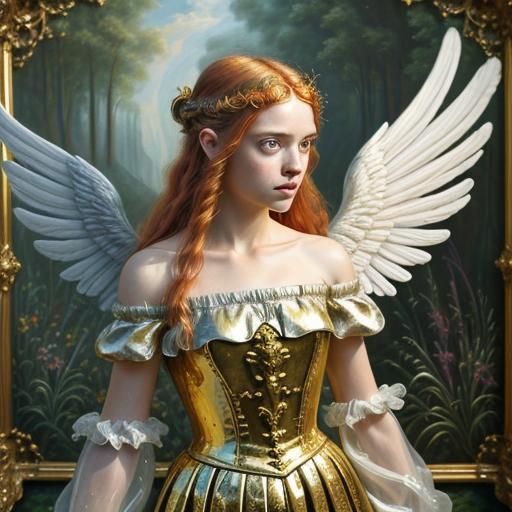 photoreal pastoral scene: an angel wearing (an off the shoulder toga made of glass and molten silver) female long red ha...