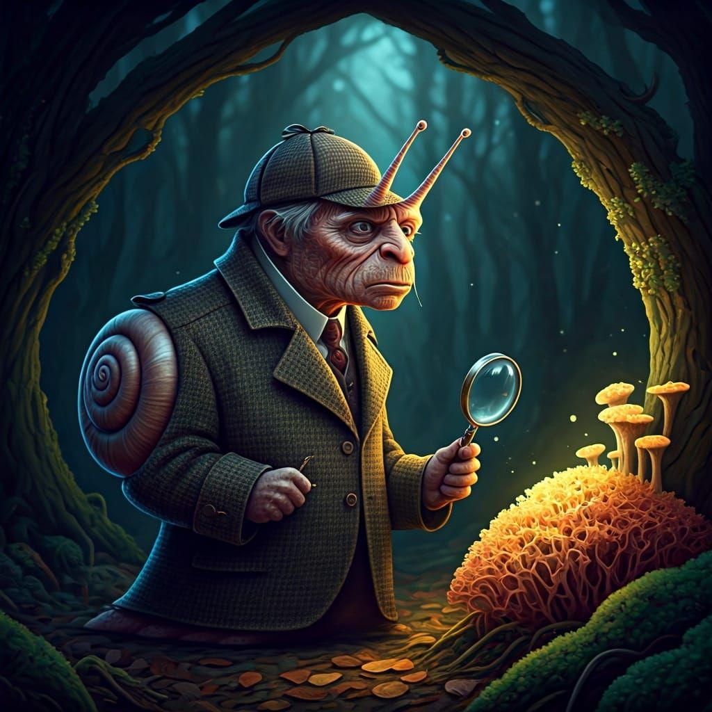 Victorian Snail Detective in Arthur Rackham Style