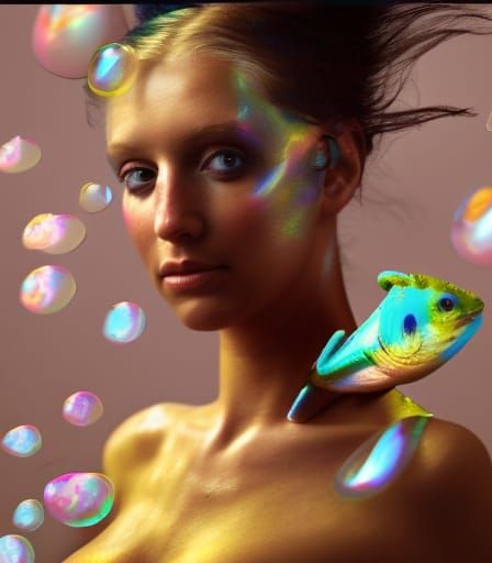 Lizard Queen Portrait with Iridescent Fish, Hyperrealistic O...