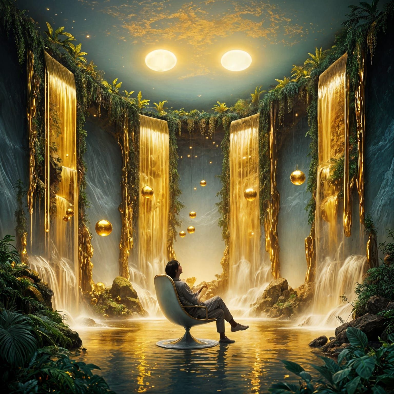 Golden Waterfalls in Surreal Indoor Landscape