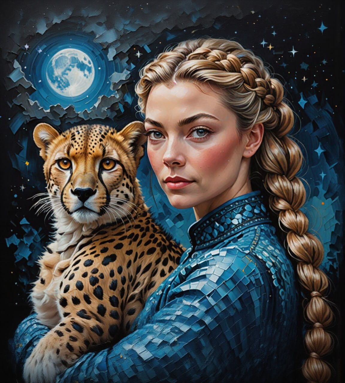 Woman with Cheetah in Surreal Striped Field