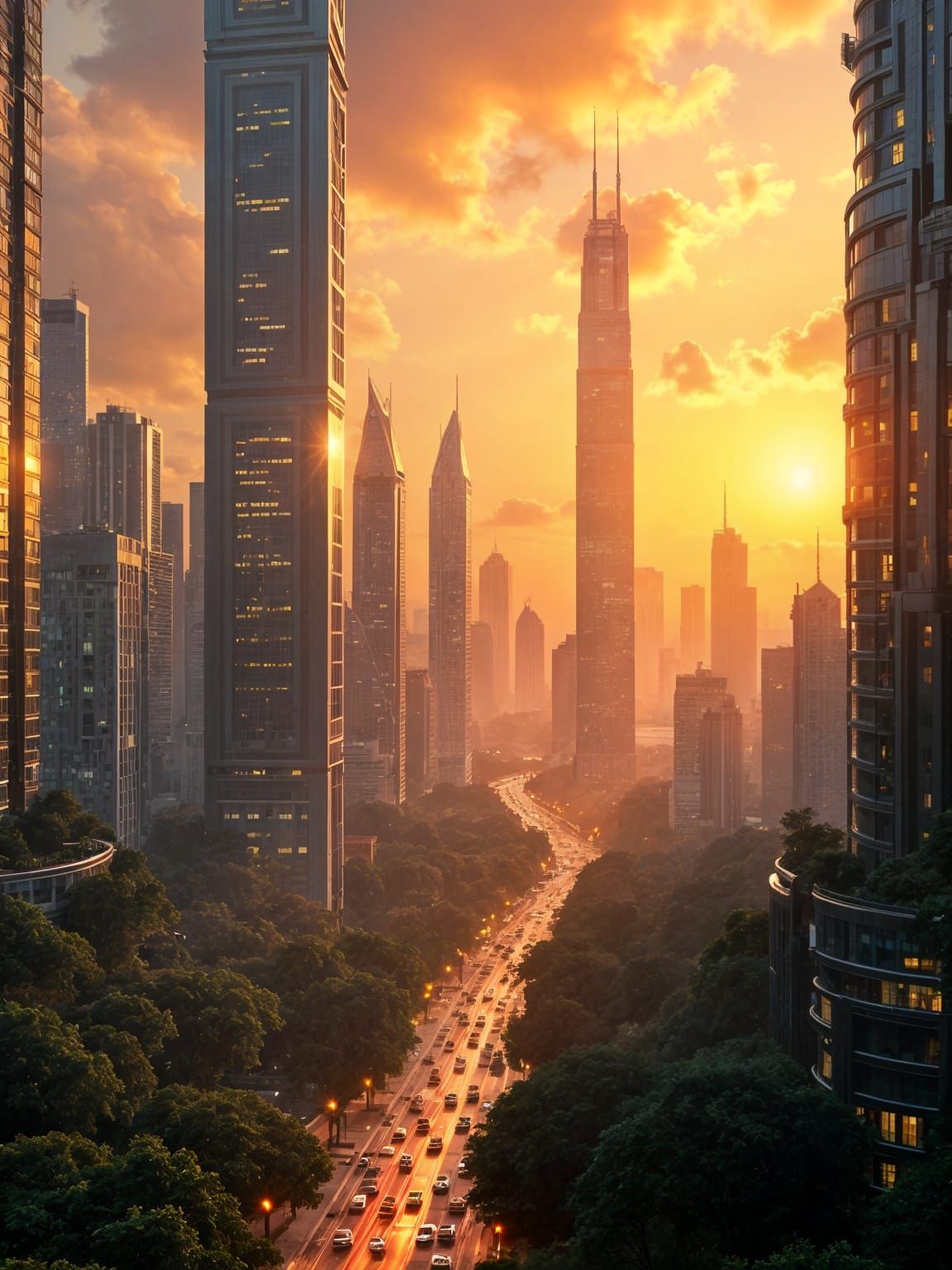 Golden Hour Cityscape: Breathtaking Metallic Architecture
