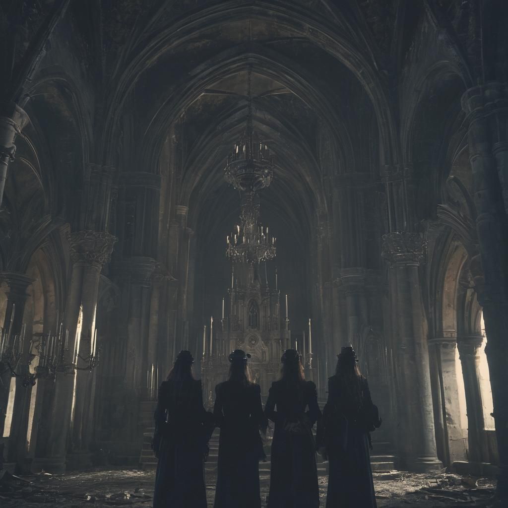 Eerie Gathering in Abandoned Gothic Church