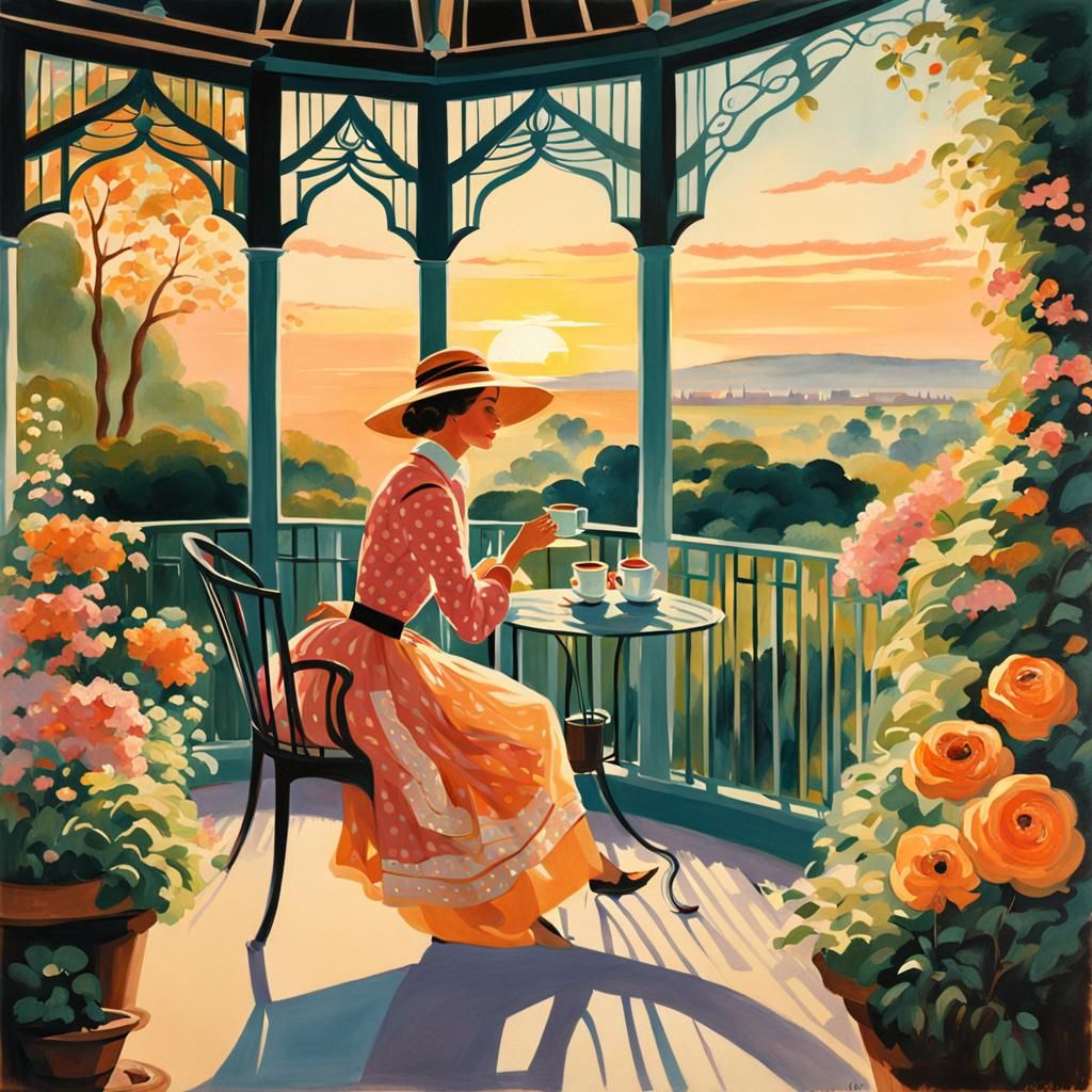 Woman in Garden Gazebo at Sunrise