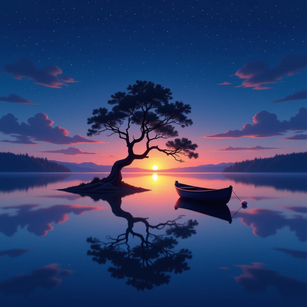 Solitary Tree and Boat on Calm Lake at Night