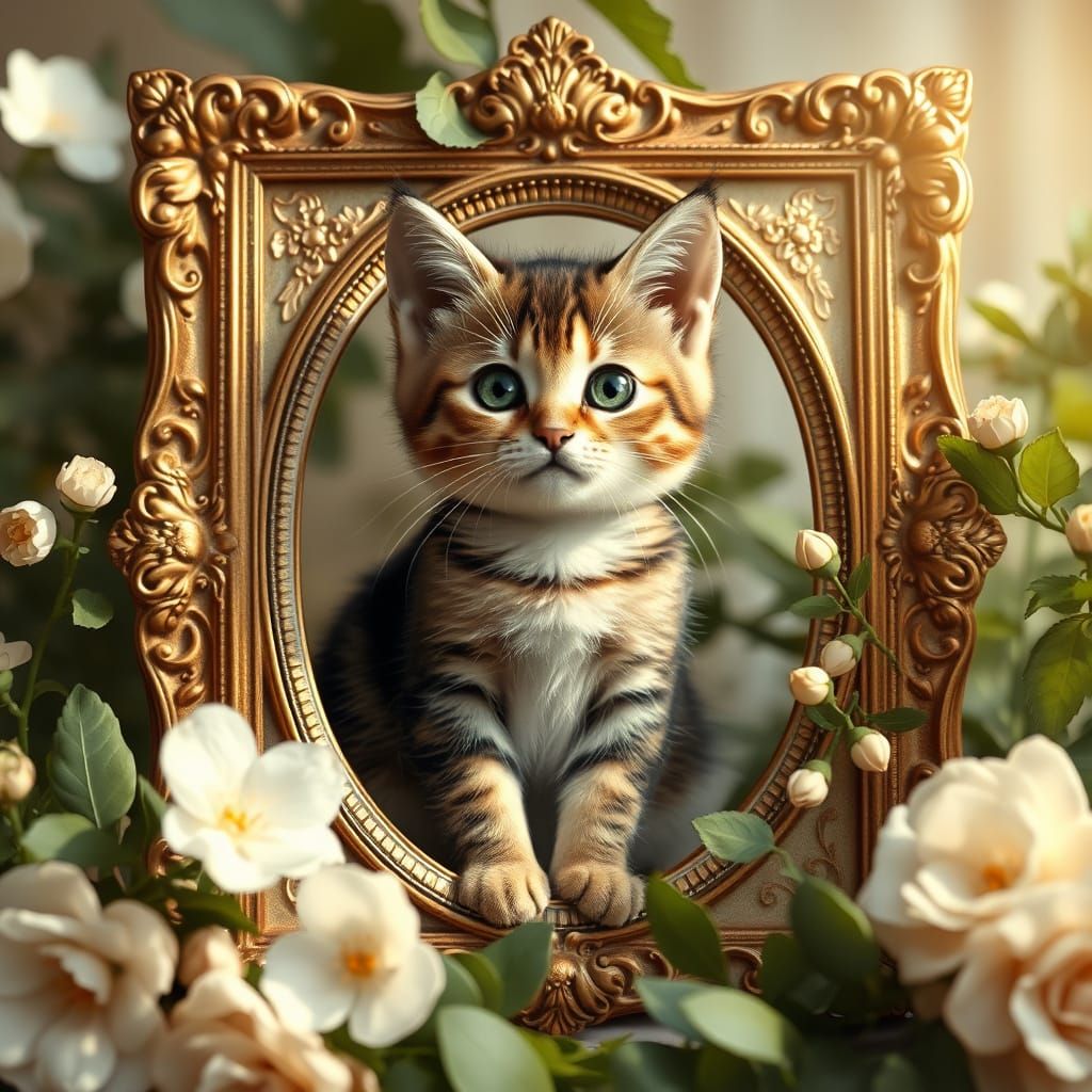 Whimsical Cat in Ornate Gold Frame